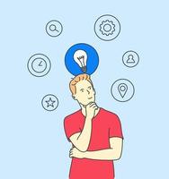 Thinking, idea, search, business concept. Young man or boy, thought choose decide dilemmas solve problems finding new ideas. Flat vector illustration