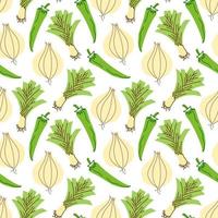 vegetable pattern with composition onions, garlic, chili peppers element. Perfect for food background, wallpaper, textile. Vector illustration