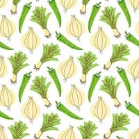 patrón vegetal con cebolla de composición, ajo, elemento de chiles. perfecto para fondo de alimentos, papel tapiz, textil. ilustración vectorial vector