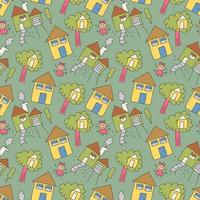 pattern seamless houses with girl doodle element. seamless doodle family pattern vector