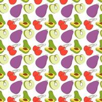 fruit pattern with coloring eggplant, avocados, green apples, cherries. Seamless retro background with fruits and vegetables vector