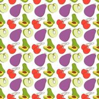 fruit pattern with coloring eggplant, avocados, green apples, cherries. Seamless retro background with fruits and vegetables vector