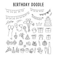 conjunto de elementos doodle decoraciones para cumpleaños. vector conjunto de elementos para cumpleaños y garabatos de fiesta. conjunto de colección de fiesta de cumpleaños con arte de doodle o estilo de dibujo a mano