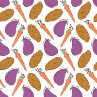 Seamless pattern with carrot eggplant potato on a white background. Vector illustration of ingredients for food backgroundin a flat doodle style.