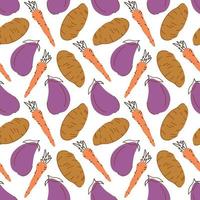 Seamless pattern with carrot eggplant potato on a white background. Vector illustration of ingredients for food backgroundin a flat doodle style.