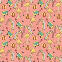 pattern seamless kids with outdoor doodle element. Seamless childish pattern with hand drawn house items. Cute kids city texture. For scrap booking, fabric, diary, phone cases, wrapping paper, notebook covers. Swatch included. vector