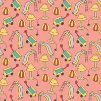 pattern seamless kids with outdoor doodle element. Seamless childish pattern with hand drawn house items. Cute kids city texture. For scrap booking, fabric, diary, phone cases, wrapping paper, notebook covers. Swatch included. vector