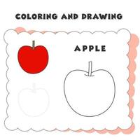 libro para colorear y dibujar elemento manzana. dibujo de una fresa para la educación de los niños vector