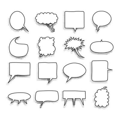 Big set picture blank template comic text speech chat bubble halftone dot background style pop art. Dialog empty cloud, space pop art Creative idea conversation Clear comics book sketch explosion