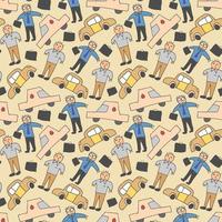 Seamless pattern with workers, cars and other hand drawn elements. Cool texture background. Wallpaper for teenager girls. Fashion style vector