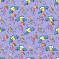 Doodle patrón de transporte para niños con elemento de coche de bicicleta. lindo, dibujado a mano, niños, coches, garabato, conjunto vector