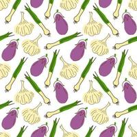 Seamless pattern with eggplant, garlic, lemongrass on a white background. Vector illustration of ingredients for food background in a flat doodle style.
