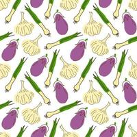 Seamless pattern with eggplant, garlic, lemongrass on a white background. Vector illustration of ingredients for food background in a flat doodle style.