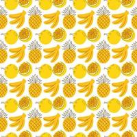 pattern background with fruit elements banana, pineapple, orange. Tropical fruits isolated on white background. Tiled summer pattern from pineapples, bananas and oranges. Fresh tropical fruits seamless background. vector