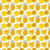 de fondo con elementos de frutas plátano, piña, naranja. frutas tropicales aisladas sobre fondo blanco. patrón de mosaico de verano de piñas, plátanos y naranjas. Fondo transparente de frutas tropicales frescas. vector