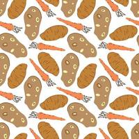 Seamless pattern with potatoes, carrots on a white background. Vector illustration of ingredients for food background in a flat doodle style.