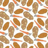 Seamless pattern with potatoes, carrots on a white background. Vector illustration of ingredients for food background in a flat doodle style.