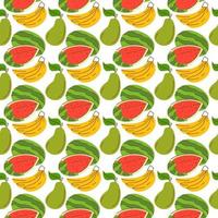 de fondo con elementos de frutas, sandía, plátano, mango. patrón sin fisuras con frutas orgánicas frescas. el patrón se puede repetir o en mosaico sin costuras visibles vector