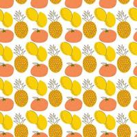 fruit pattern with coloring, lemons, pineapples, orange. Cartoon fresh fruits in flat style. Strawberry, banana, apple, pineapple, cherry, lemon. Seamless pattern. vector