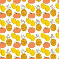 patrón de frutas con colorante, limones, piñas, naranja. dibujos animados de frutas frescas en estilo plano. fresa, plátano, manzana, piña, cereza, limón. patrón sin costuras. vector