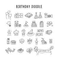 elementos de cumpleaños. dibujado a mano con tortas de cumpleaños, globos, regalos y atributos festivos. vector