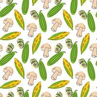 Seamless pattern vegetables with elements of mushrooms, cucumber, corn. Vector illustration