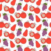 Seamless pattern with tomatoes, grapes, guava on a white background. Vector illustration of ingredients for food background in a flat doodle style.