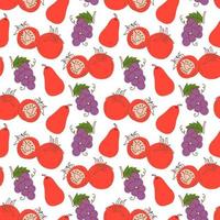 Seamless pattern with tomatoes, grapes, guava on a white background. Vector illustration of ingredients for food background in a flat doodle style.