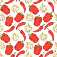 Seamless pattern with garlic, chili peppers, paprika on a white background. Vector illustration of ingredients for food background in a flat doodle style.