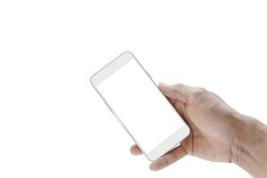 Maqueta de teléfono móvil con pantalla en blanco aislado sobre fondo blanco.