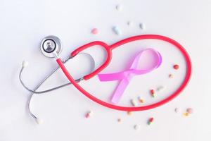 Pink ribbon, pills, and a stethoscope on white background photo