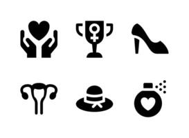 simple conjunto de iconos sólidos vectoriales relacionados con el día de la mujer. contiene iconos como cuidado, trofeo, tacón alto, sombrero de mujer y más.