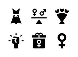 conjunto simple de iconos sólidos vectoriales relacionados con el día de la mujer. contiene íconos como vestimenta, igualdad de derechos, ramo, libertad y más. vector