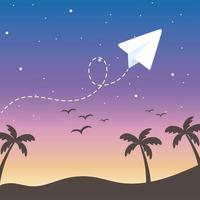 cielo al atardecer de dibujos animados con avión de papel vector