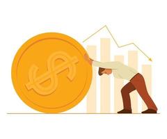 Man Pushing a Big Dollar Coin and the Bar Charts in Background. vector