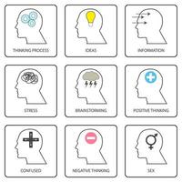 Line art icons of human mind, thinking process and thought. Pictogram collection and simple vector set