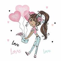 Cute fashionista dark-skinned teen girl balloons with hearts. Valentine's card. Vector.
