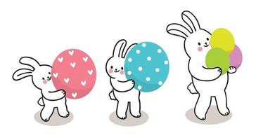 día de Pascua. Tres conejitos y huevos coloridos, vector lindo de dibujos animados de dibujar a mano.