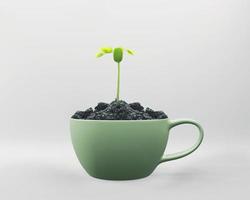 Young plant seed growing a sprout in the soil in a green cup on white background photo