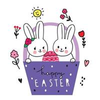 día de Pascua. conejos amigos y huevo en la canasta, dibujar a mano vector lindo de dibujos animados.