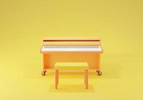 Representación 3D de un piano con una silla amarilla sobre fondo amarillo foto