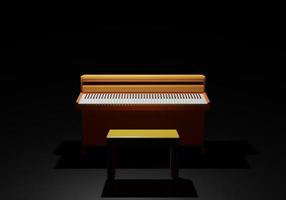 Representación 3D de un piano de entretenimiento en casa con una silla amarilla sobre fondo de noche oscura foto