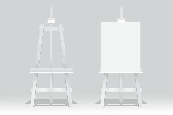 Wooden easels, one stands with blank canvas on white background