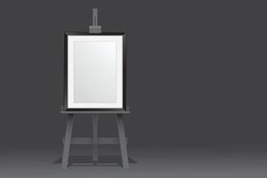 Wooden easel stands with picture frame on black background vector