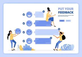 User provide comments and feedback on services using face emoticon. Positive user experience. Designed for landing page, banner, website, web, poster, mobile apps, homepage, flyer, brochure vector