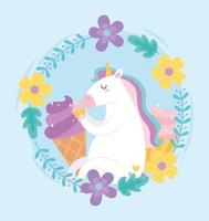 Cute cartoon magical unicorn with ice cream and flowers wreath vector