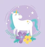 unicornio mágico de dibujos animados lindo con flores vector