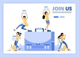 People standing with applications to apply. Job vacancies, join us or we're hiring illustration. Designed for landing page, banner, website, web, poster, mobile apps, homepage, flyer, brochure vector