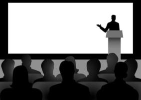 Silhouette illustration of man giving a speech on stage with blank big screen as the background vector