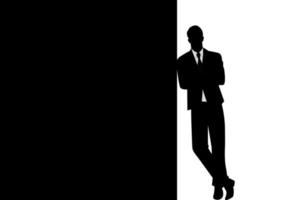 Silhouette of a businessman leaning at black blank space for copy with arm crossed vector